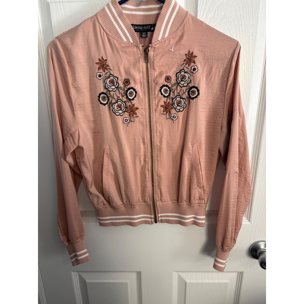 Living Doll Bomber‎ Jacket Pink Floral Embroidered Baseball Varsity Style XS